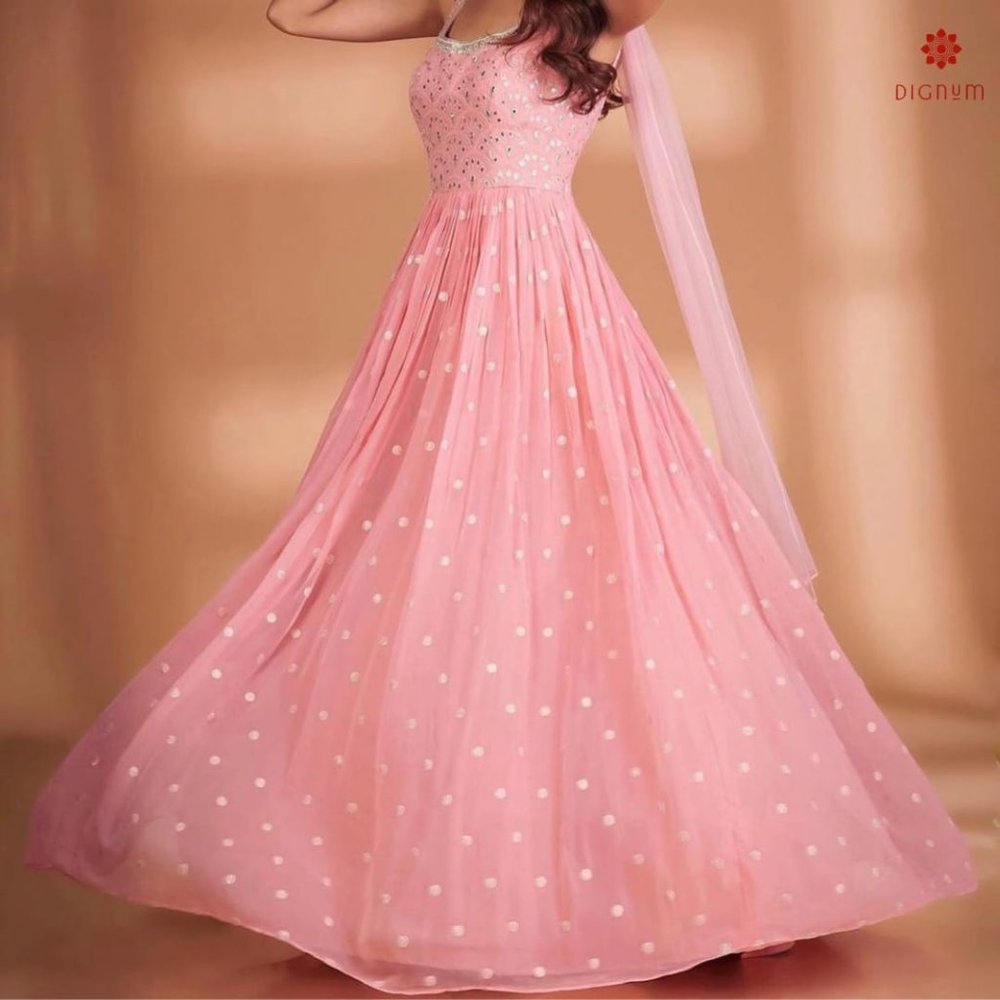 Carnation Pink Designer Partywear Heavy Embroidery Work Gown - Picture 2 of 5
